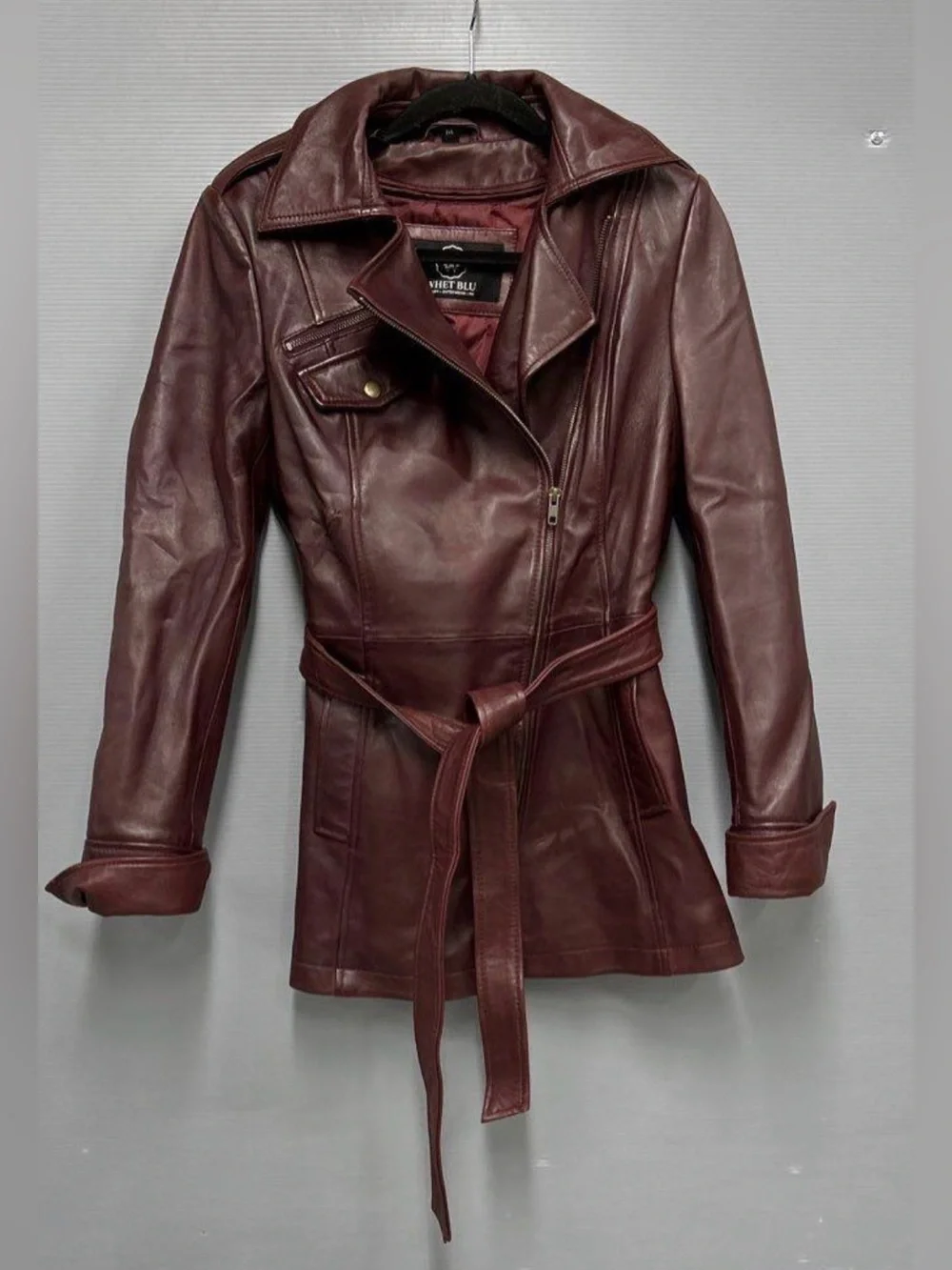 Whet Blu Traci Women's Mid-Length Lambskin Leather Jacket Moto Trench Oxblood M